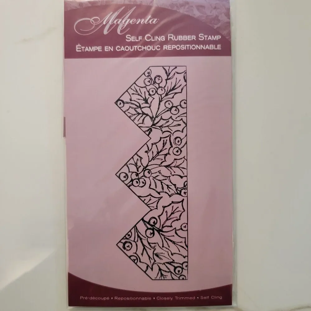 Magenta Self Cling Rubber Stamp Holiday Holly Berries & Leaves Lot of 2
